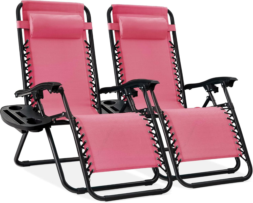 Best Choice Products Set of 2 Adjustable Steel Mesh Zero Gravity Lounge Chair Recliners w/Pillows and Cup Holder Trays - Beige