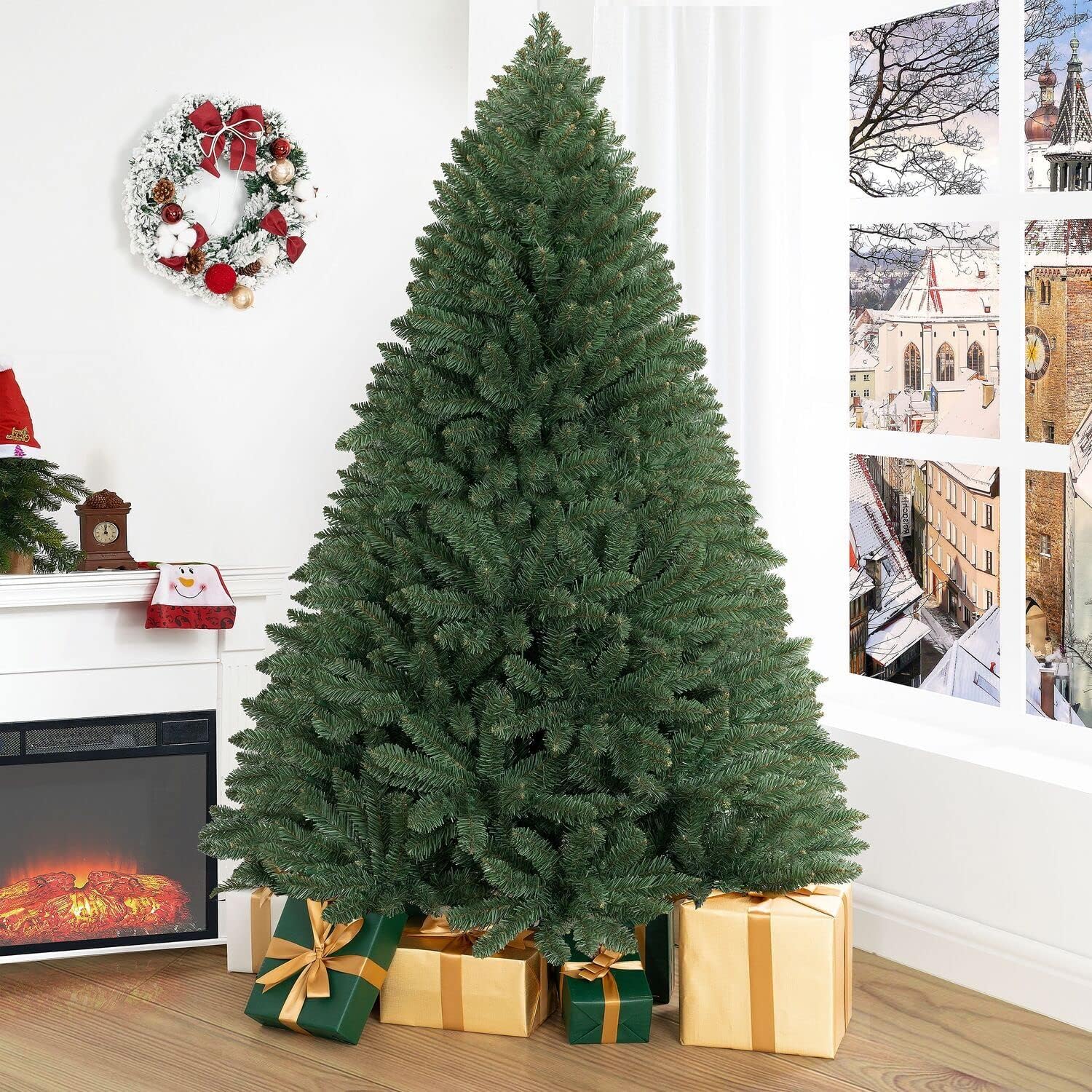 Naomi Home 6.5ft Rustic Christmas Tree with Lights, Realistic Classic Prelit with 2595 Branch Tips, 600 Warm Lights and Metal Stand, Aritificial Tree