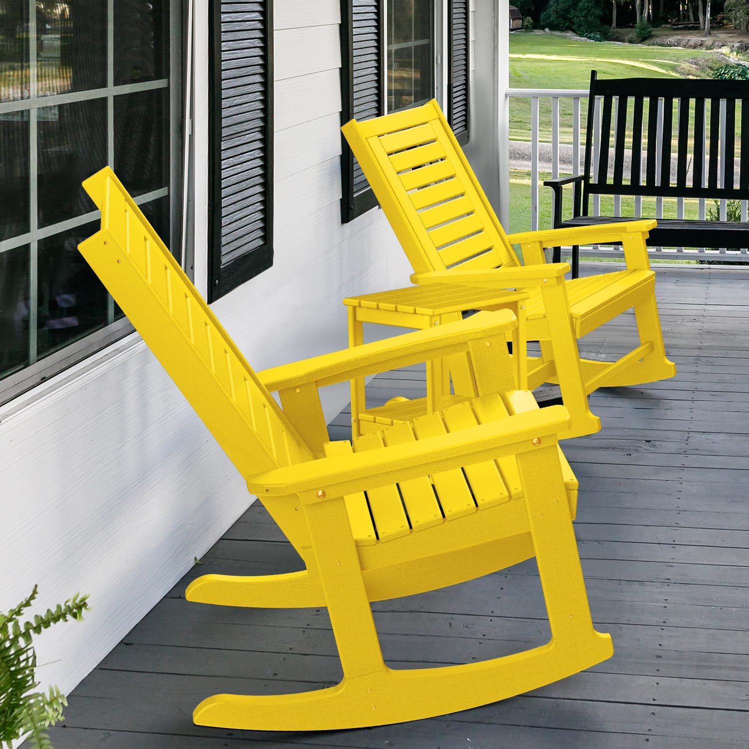 GREENVINES Outdoor Rocking Chairs | Set of 2 | Porch Rocker | HDPE Plastic | Black | Oversized Rockers | High Back | Big & Tall | Ladder Back | for Patio Outside Backyard Balcony Garden