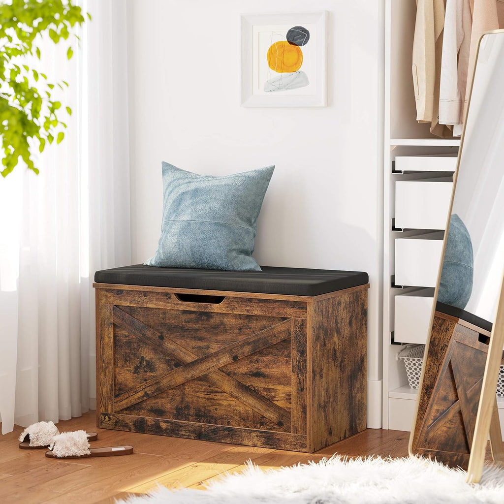VASAGLE Shoe Bench, Storage Bench with Cupboard and 9 Open Compartments, Shoe Shelf, Padded Seat, Barn Door, 11.8 x 43.3 x 18.9 Inches, Rustic Brown ULHS058X01