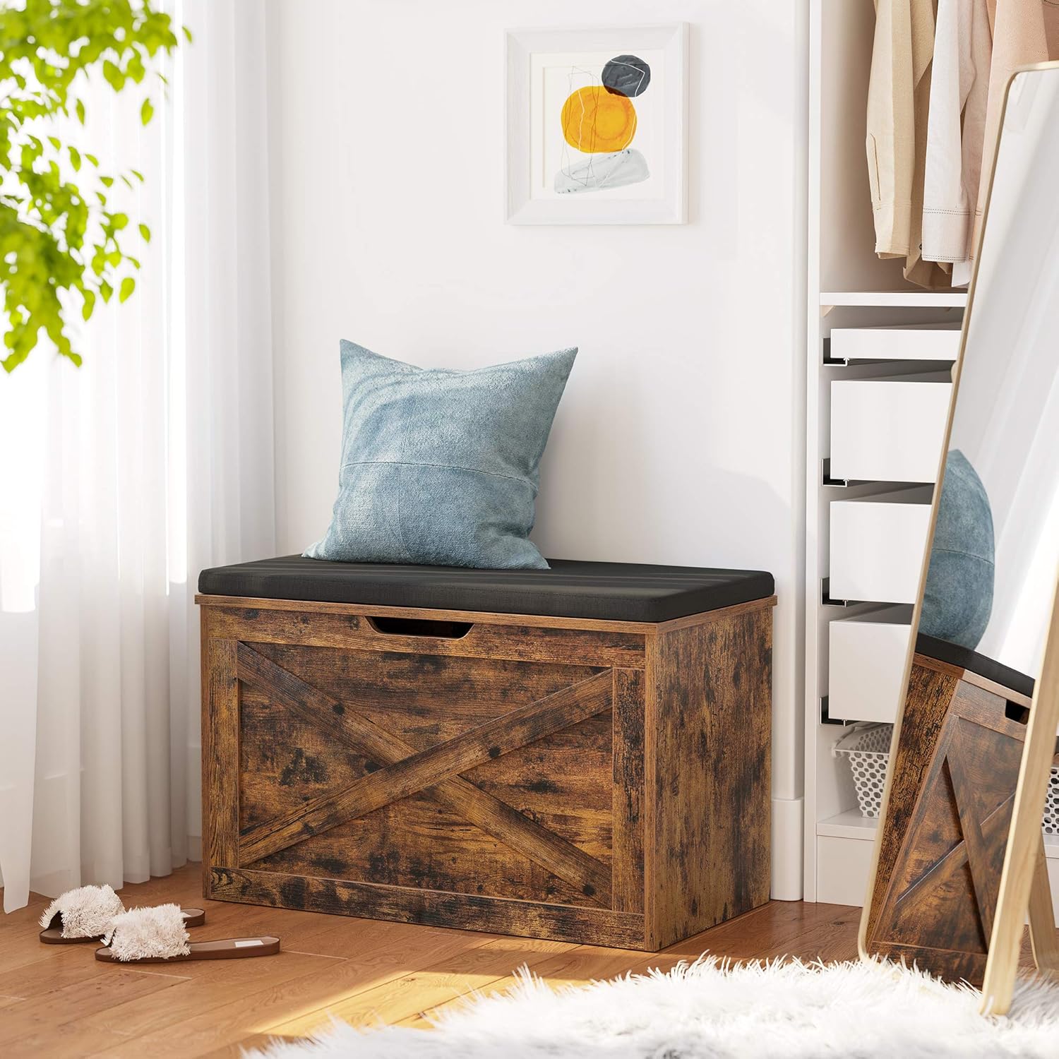 VASAGLE Shoe Bench, Storage Bench with Cupboard and 9 Open Compartments, Shoe Shelf, Padded Seat, Barn Door, 11.8 x 43.3 x 18.9 Inches, Rustic Brown ULHS058X01