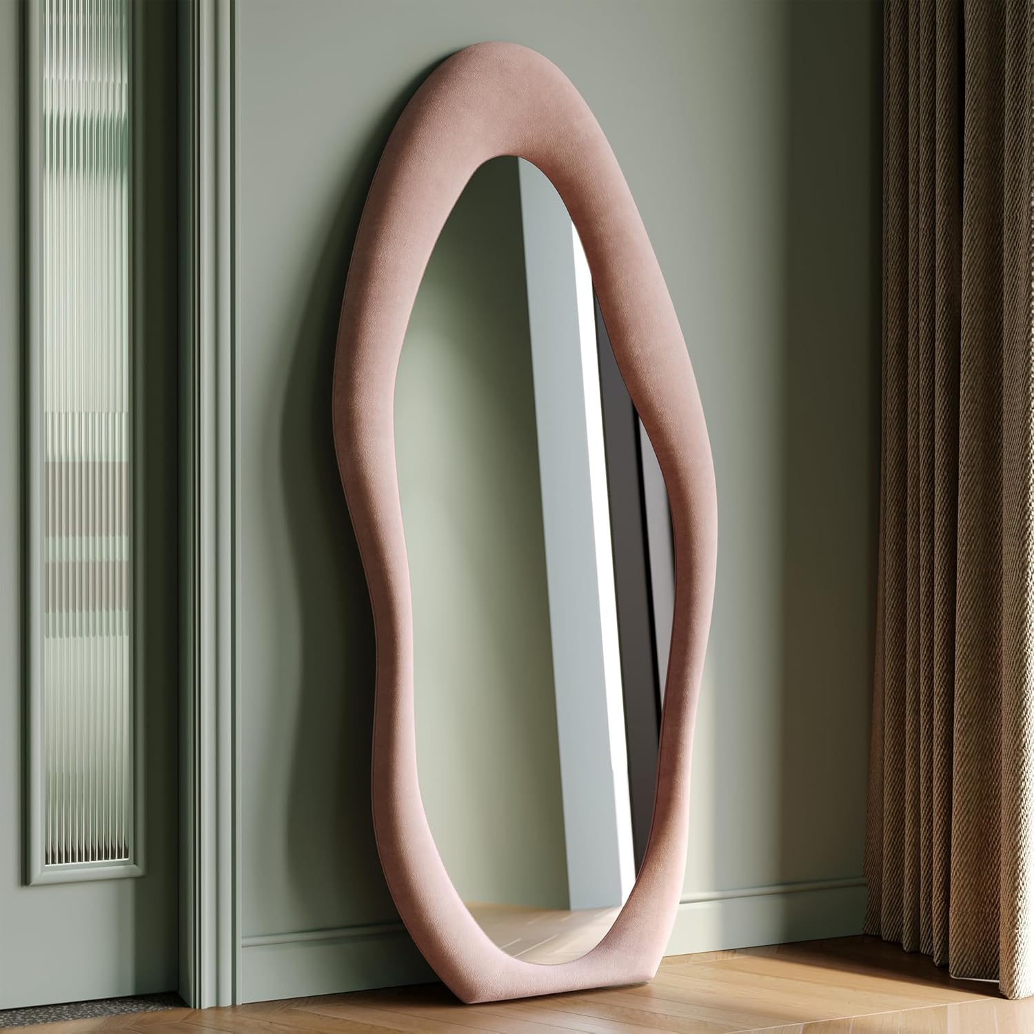 Honyee Full Length Mirror, 63" x 24" Wall Mirror, Flannel Wrapped Wooden Frame Full Body Mirror, Irregular Wavy Mirror Hanging or Leaning Against Wall for Cloakroom/Bedroom/Living Room, Ivory White
