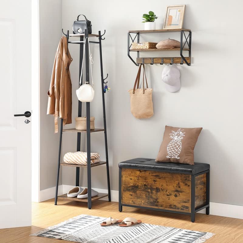 VASAGLE Shoe Bench, Storage Bench with Cupboard and 9 Open Compartments, Shoe Shelf, Padded Seat, Barn Door, 11.8 x 43.3 x 18.9 Inches, Rustic Brown ULHS058X01
