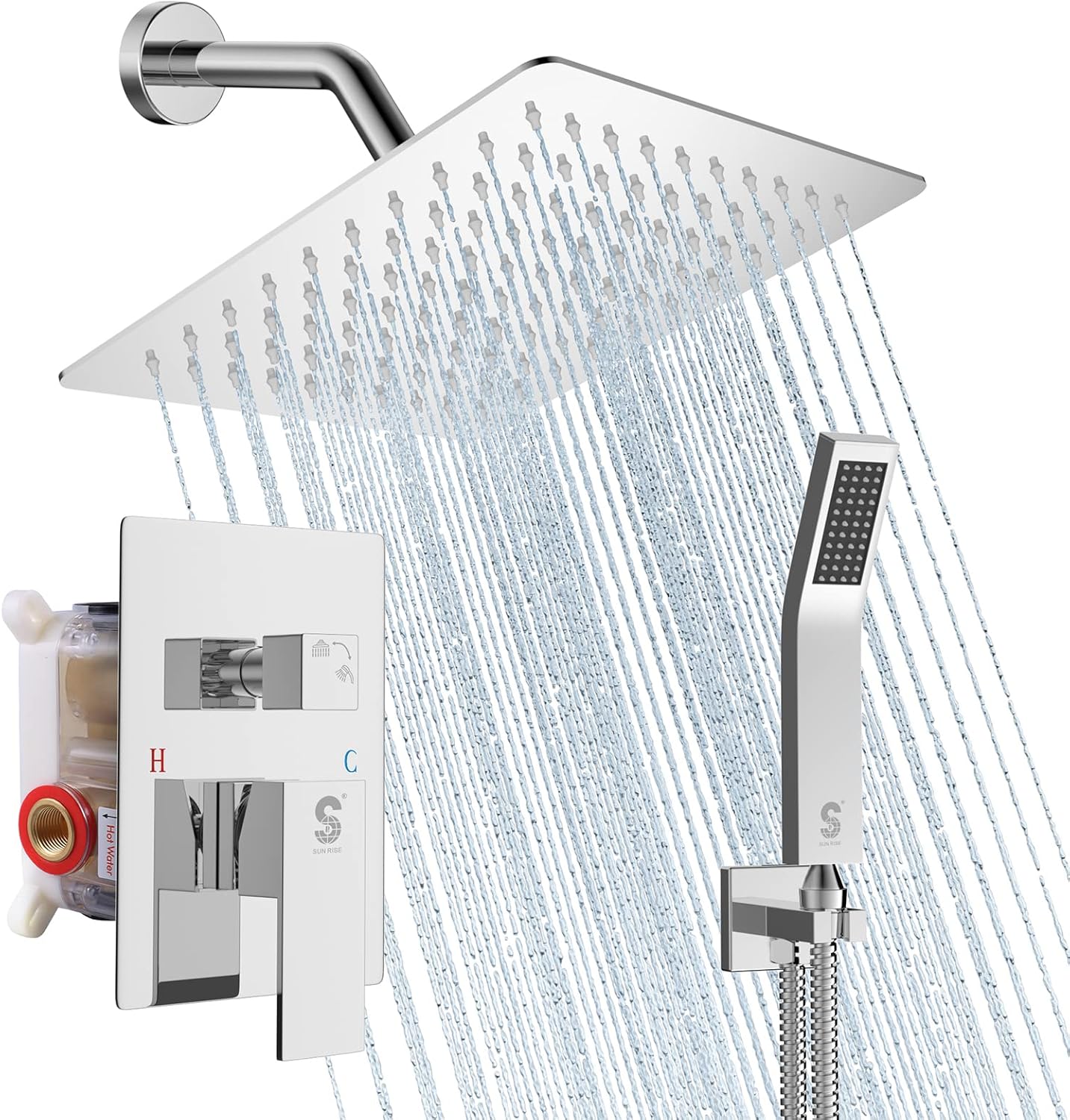 SR SUN RISE 12 Inches Matte Black Shower System 12 Inch Brass Bathroom Luxury Rain Mixer Shower Combo Set Wall Mounted Rainfall Shower Head System Shower Faucet Rough-in Valve Body and Trim Included