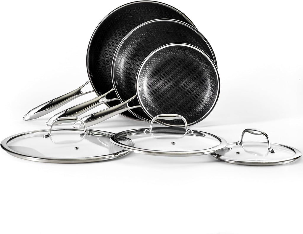 HexClad Hybrid Nonstick 6-Piece Fry Pan Set, 8, 10 and 12-Inch Frying Pans with Tempered Glass Lids, Stay-Cool Handles, Dishwasher and Oven Safe, Induction Ready, Compatible with All Cooktops
