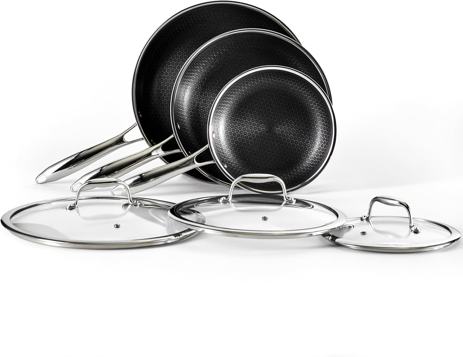 HexClad Hybrid Nonstick 6-Piece Fry Pan Set, 8, 10 and 12-Inch Frying Pans with Tempered Glass Lids, Stay-Cool Handles, Dishwasher and Oven Safe, Induction Ready, Compatible with All Cooktops