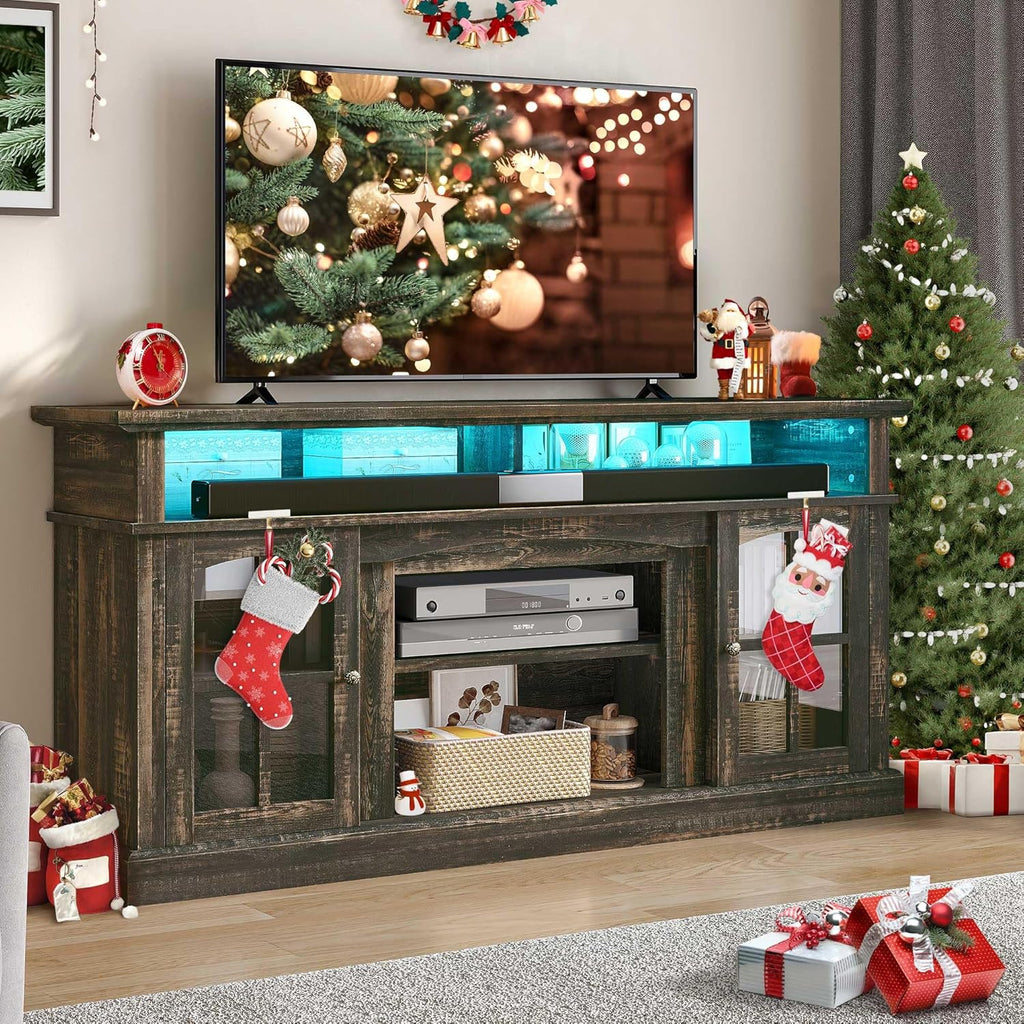 LED Farmhouse TV Stand for TV up to 75" w/Outlets, Highboy Media Entertainment Center Console Table Adjustable Storage Shelves &Cabinet Glass Door for 400lbs for Living Room