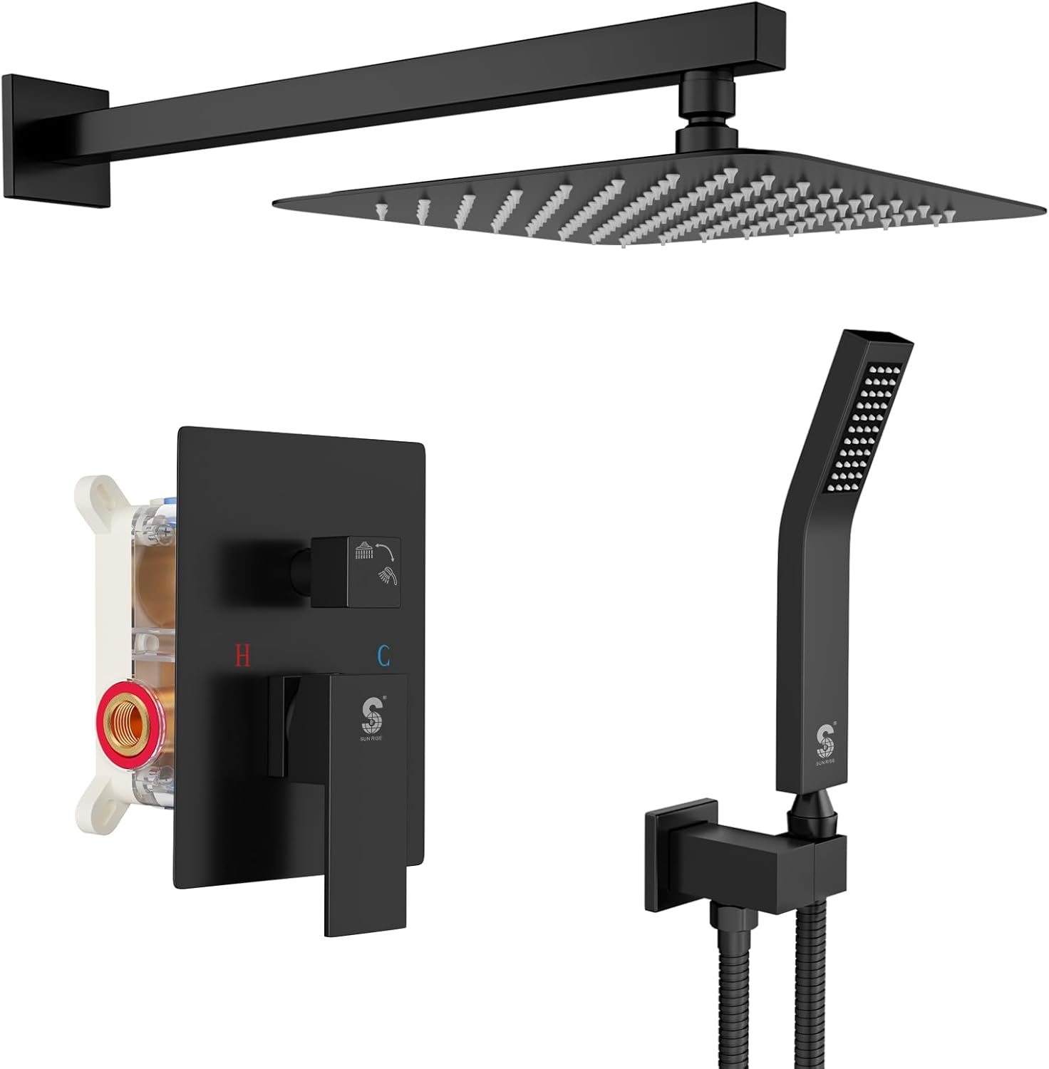 SR SUN RISE 12 Inches Matte Black Shower System 12 Inch Brass Bathroom Luxury Rain Mixer Shower Combo Set Wall Mounted Rainfall Shower Head System Shower Faucet Rough-in Valve Body and Trim Included