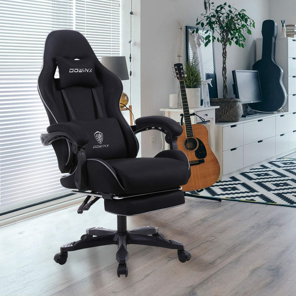 Dowinx Gaming Chair Fabric with Pocket Spring Cushion, Massage Game Chair Cloth with Headrest, Ergonomic Computer Chair with Footrest 290LBS, Blue and Grey