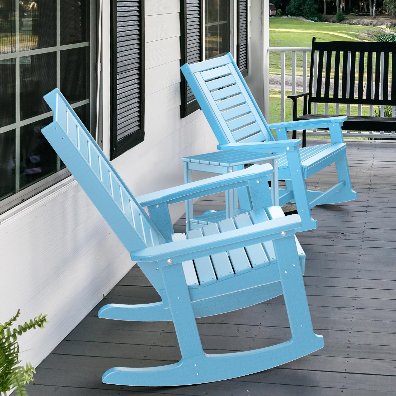 GREENVINES Outdoor Rocking Chairs | Set of 2 | Porch Rocker | HDPE Plastic | Black | Oversized Rockers | High Back | Big & Tall | Ladder Back | for Patio Outside Backyard Balcony Garden