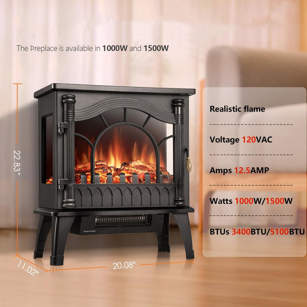 Electric Fireplace Heater, 20" Freestanding Fireplace Infrared Stove 1000W/1500W, 3D Realistic Flame Effects, Adjustable Brightness and Heating Mode, Overheating Safe Design