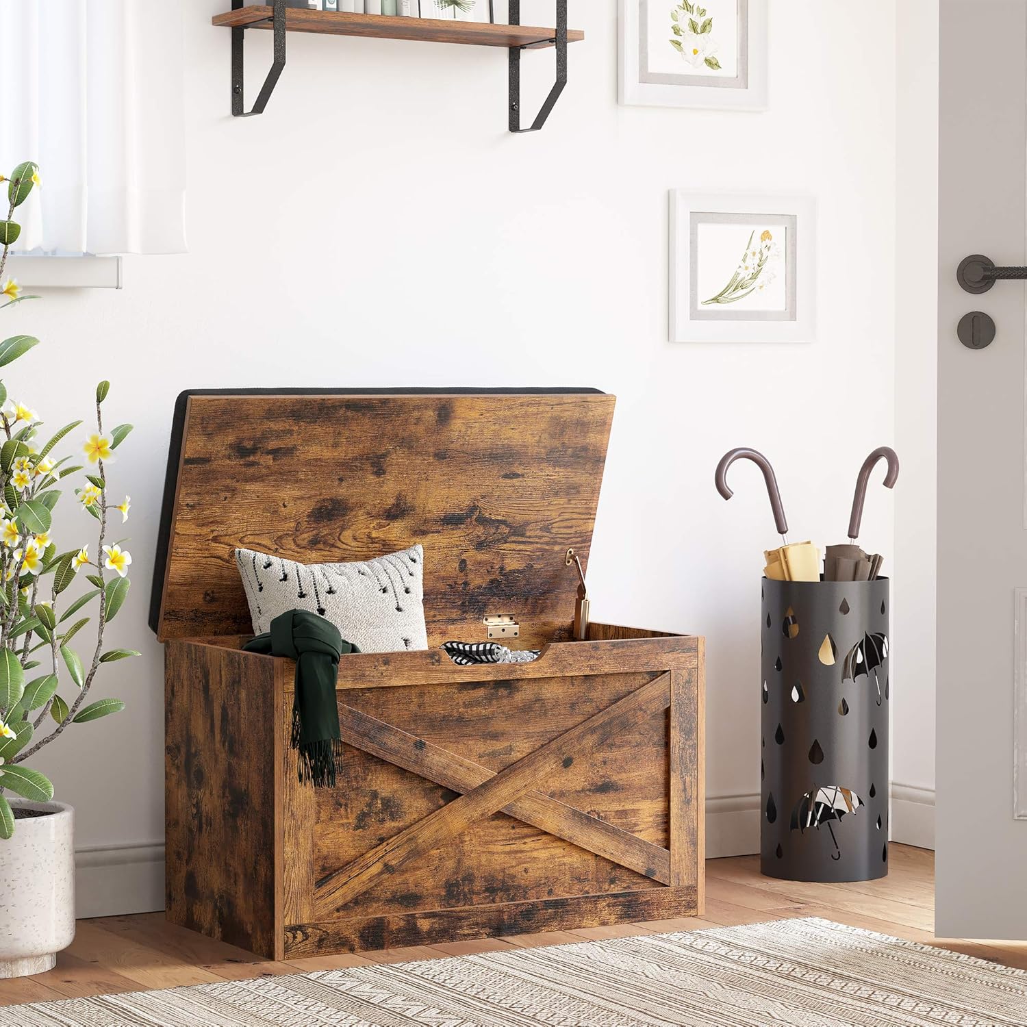 VASAGLE Shoe Bench, Storage Bench with Cupboard and 9 Open Compartments, Shoe Shelf, Padded Seat, Barn Door, 11.8 x 43.3 x 18.9 Inches, Rustic Brown ULHS058X01