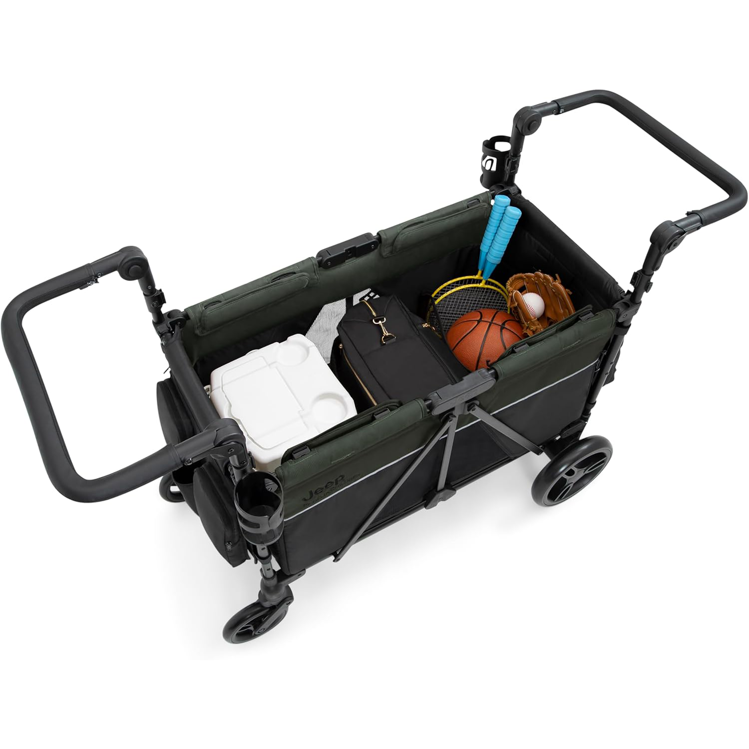 Delta Children - Jeep Wrangler Deluxe 4 Seater Stroller Wagon - Premium Quad Stroller Wagon for 4 Kids with Convertible Seats, Adjustable Push/Pull Handles, Removable Canopy & Flat Fold, Black/Green