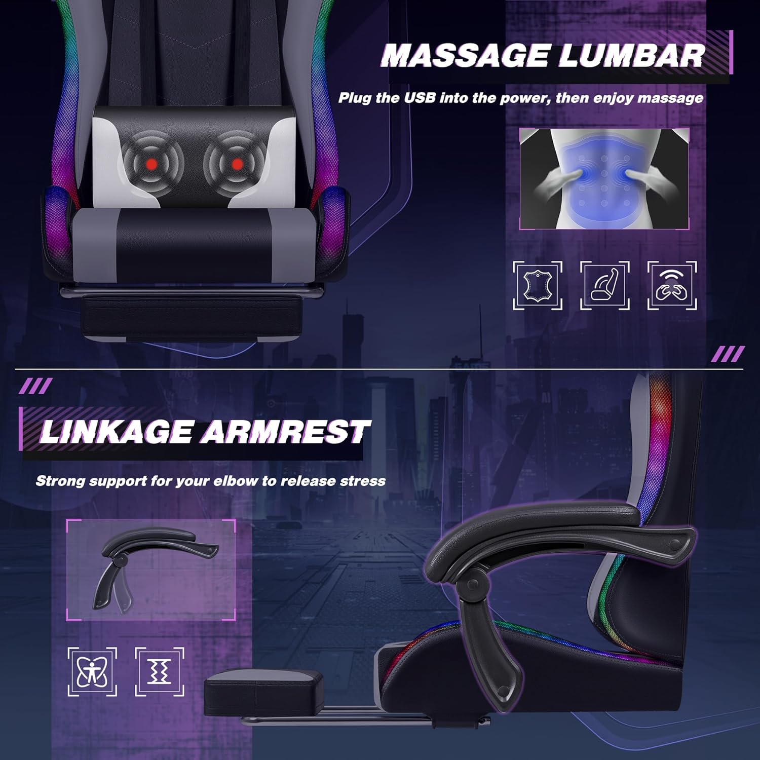 Homall Gaming Chair, Video Game Chair with Footrest and Massage Lumbar Support, Ergonomic Computer Chair Height Adjustable with Swivel Seat and Headrest (Grey)