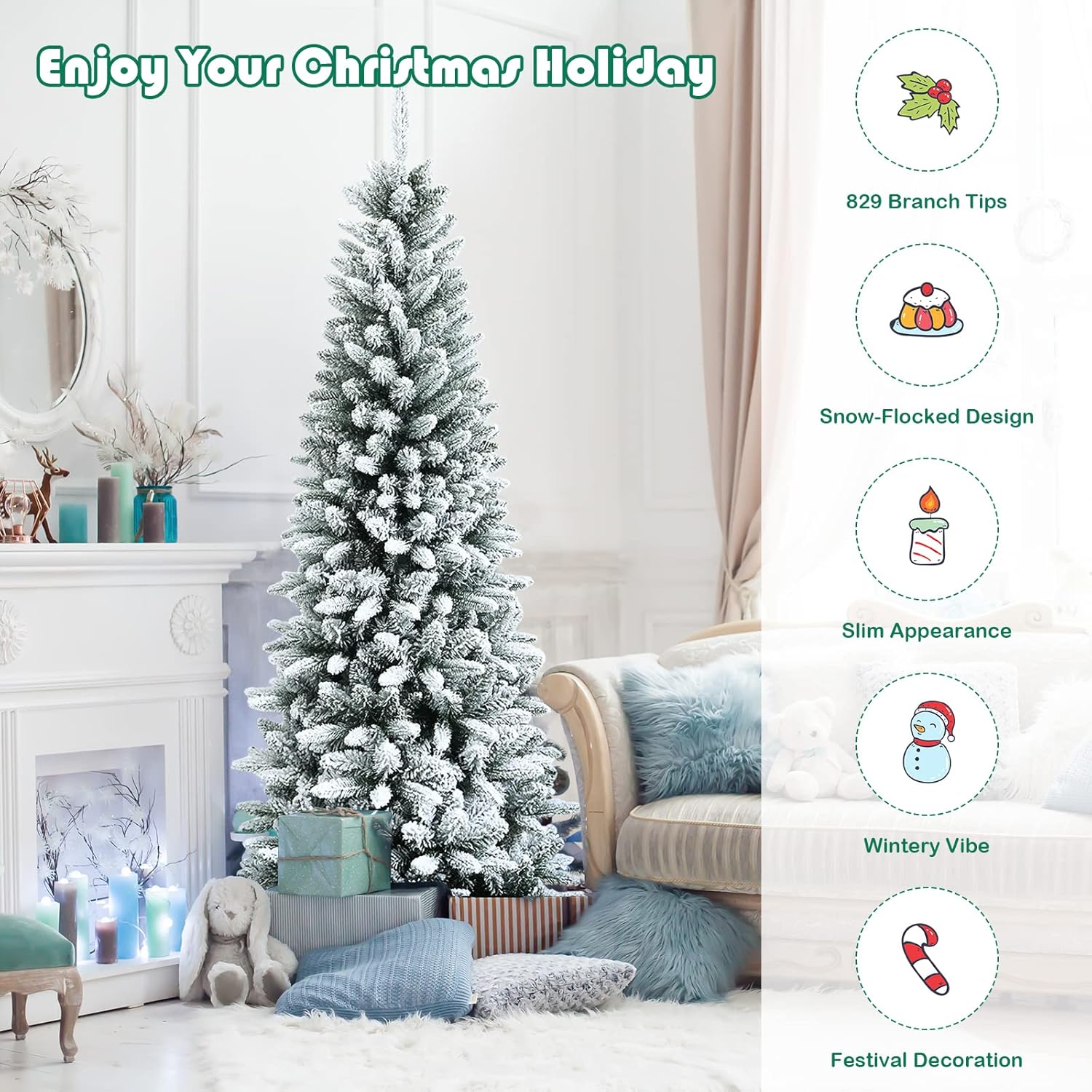 Goplus 7ft Artificial White Christmas Tree Xmas Pine Tree with Solid Metal Legs Perfect for Indoor and Outdoor Holiday Decoration