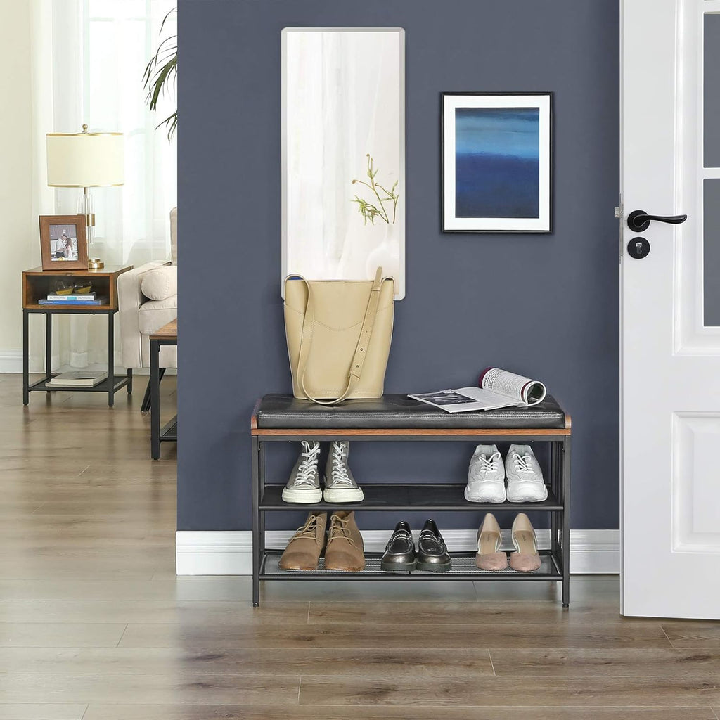 VASAGLE Shoe Bench, Storage Bench with Cupboard and 9 Open Compartments, Shoe Shelf, Padded Seat, Barn Door, 11.8 x 43.3 x 18.9 Inches, Rustic Brown ULHS058X01