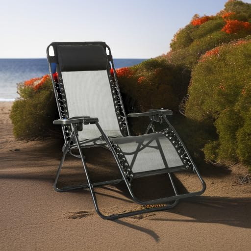 Basics Outdoor Textilene Adjustable Zero Gravity Folding Reclining Lounge Chair with Pillow, 26", Navy Blue