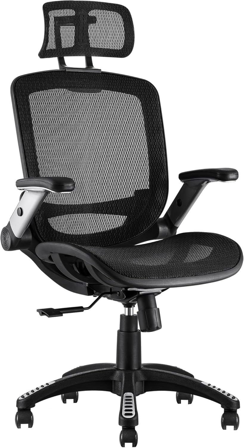 GABRYLLY Ergonomic Office Chair, High Back Home Desk Chair with Headrest, Flip-Up Arms, 90-120° Tilt Lock and Wide Cushion, Big and Tall Mesh Chairs for Man Woman, Grey Task Chair