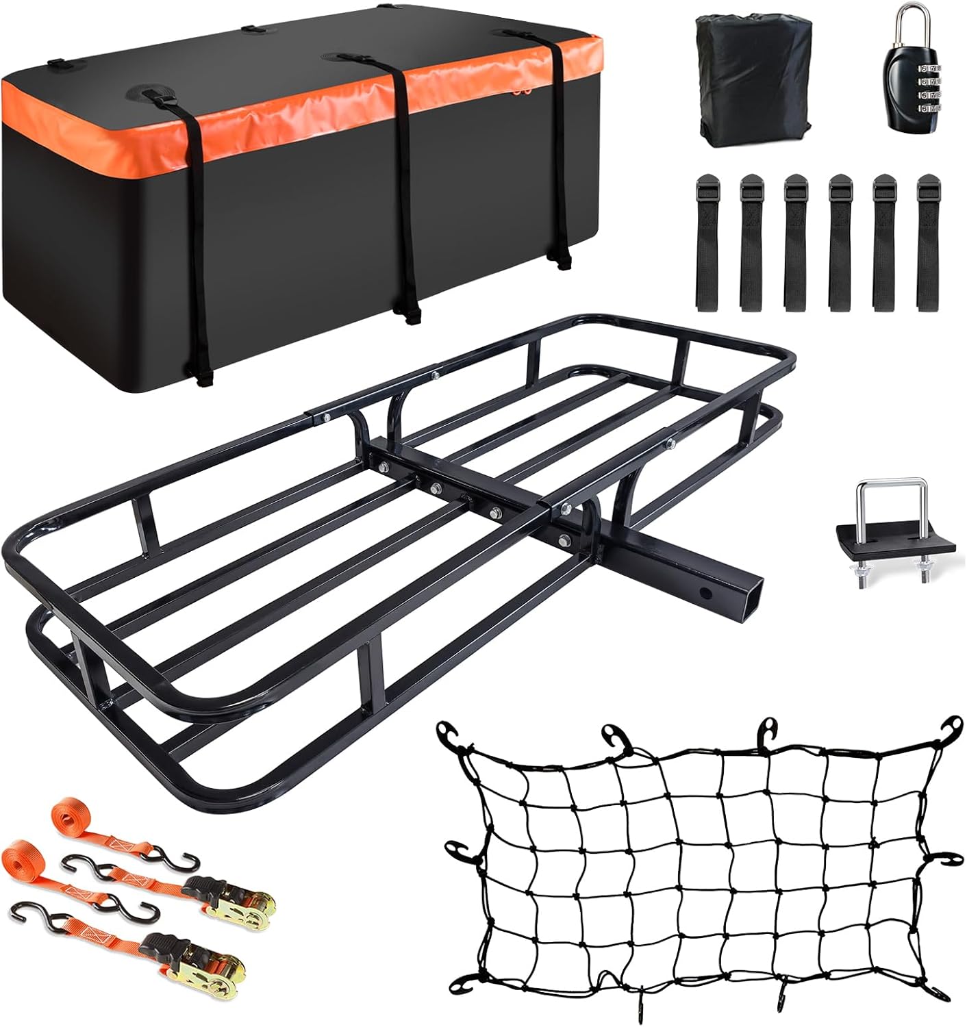 MeeFar High Rail Trailer Folding Hitch Mount Cargo Carrier Basket 60" X 24" X 14"+Waterproof Cargo Bag 20 cu ft(59" 24" 24"), Capacity of 500 Lbs with Hitch Stabilizer, Net, Lock and Straps