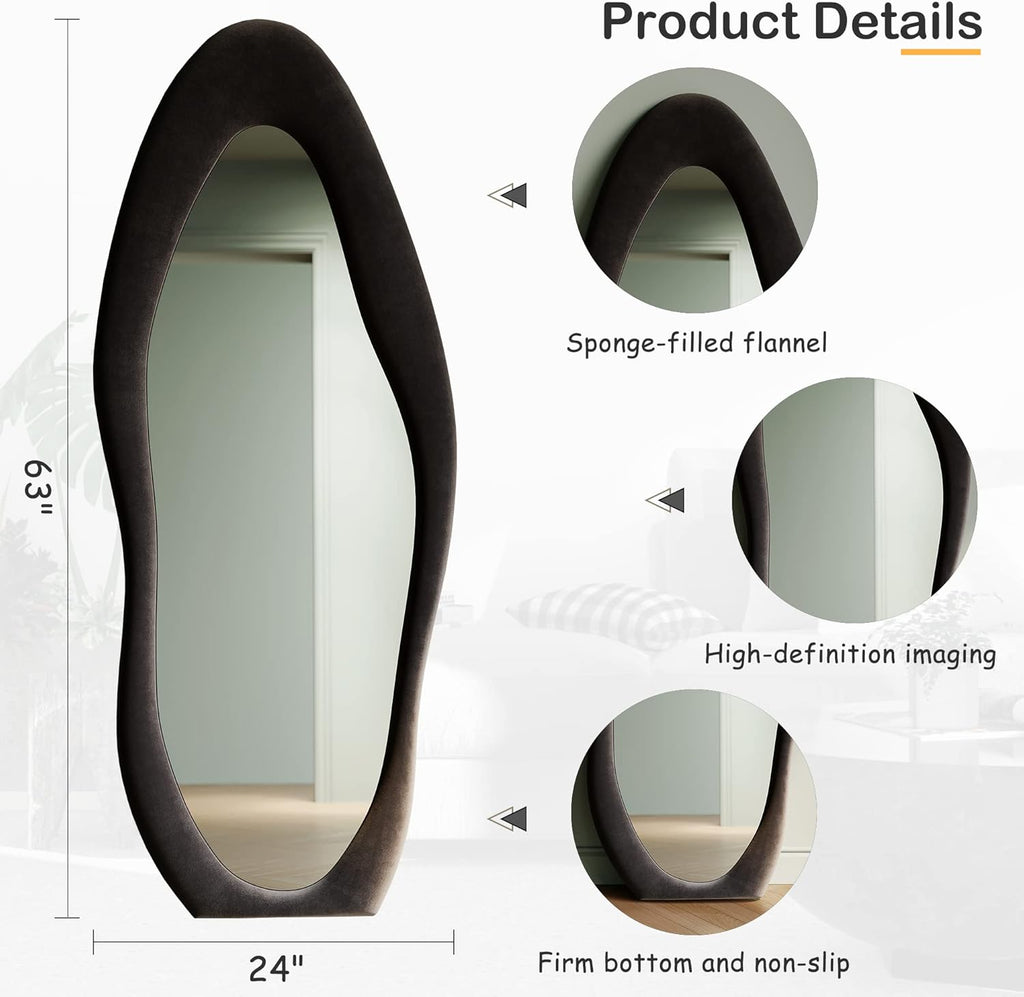Honyee Full Length Mirror, 63" x 24" Wall Mirror, Flannel Wrapped Wooden Frame Full Body Mirror, Irregular Wavy Mirror Hanging or Leaning Against Wall for Cloakroom/Bedroom/Living Room, Ivory White