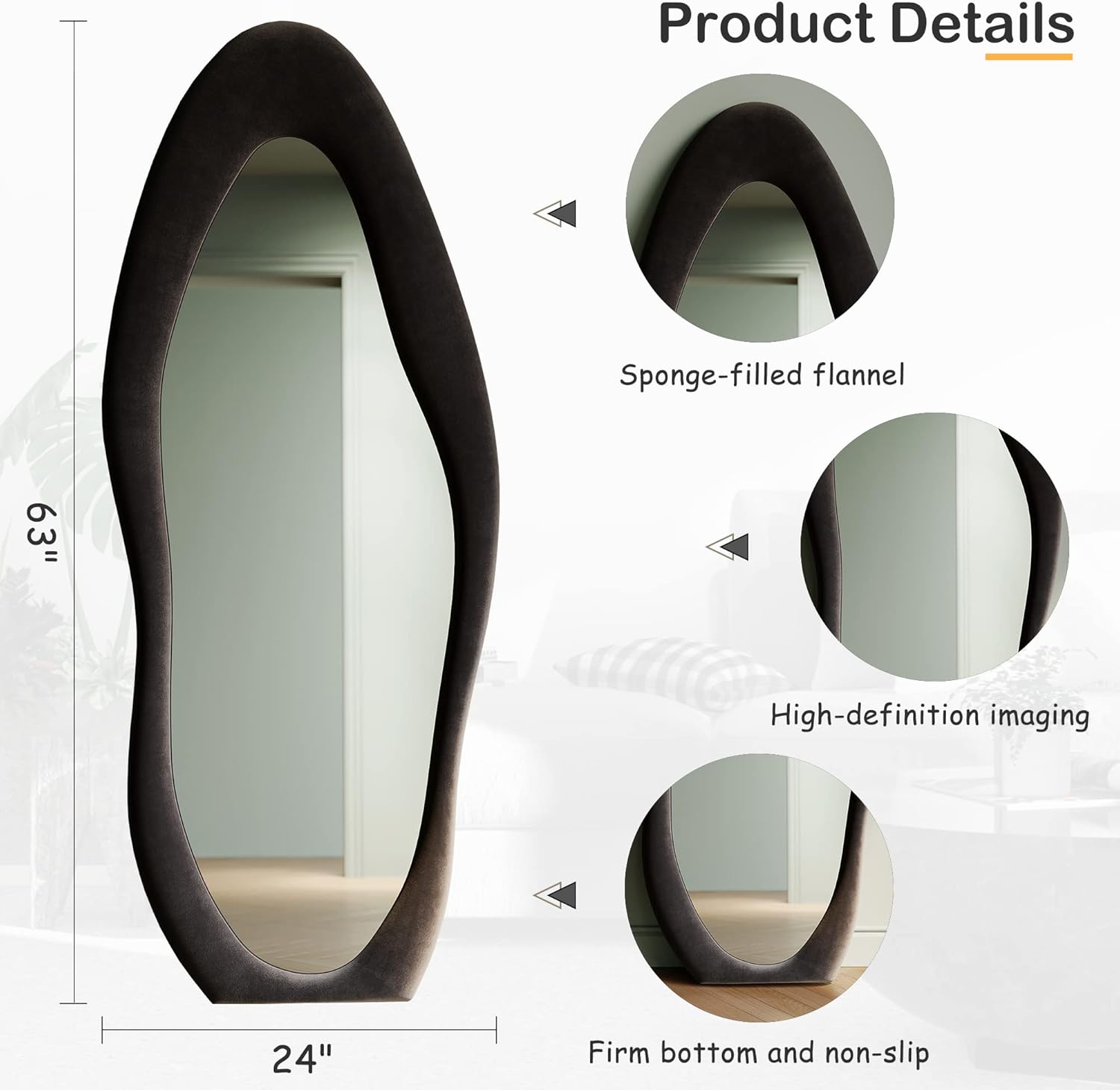 Honyee Full Length Mirror, 63" x 24" Wall Mirror, Flannel Wrapped Wooden Frame Full Body Mirror, Irregular Wavy Mirror Hanging or Leaning Against Wall for Cloakroom/Bedroom/Living Room, Ivory White