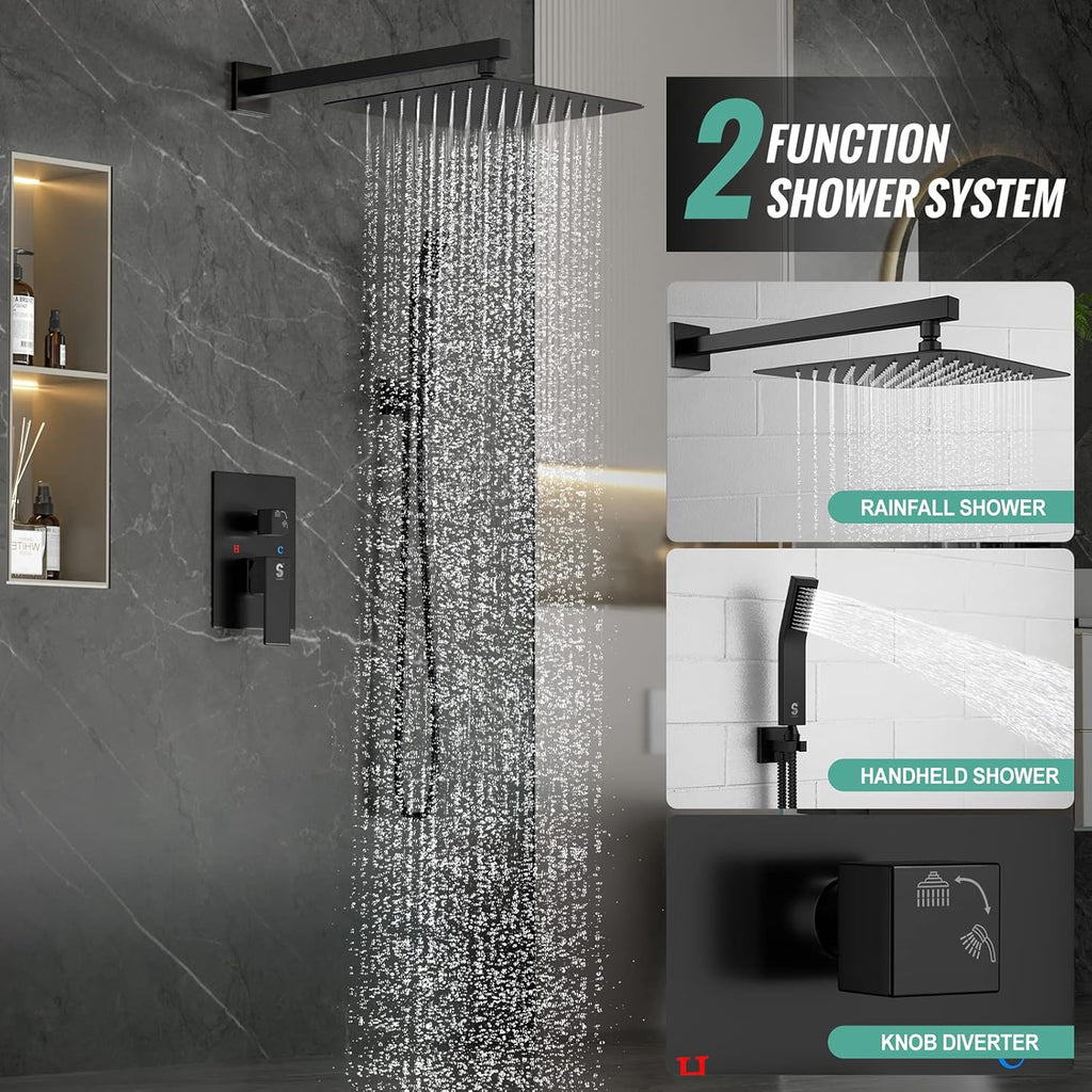 SR SUN RISE 12 Inches Matte Black Shower System 12 Inch Brass Bathroom Luxury Rain Mixer Shower Combo Set Wall Mounted Rainfall Shower Head System Shower Faucet Rough-in Valve Body and Trim Included