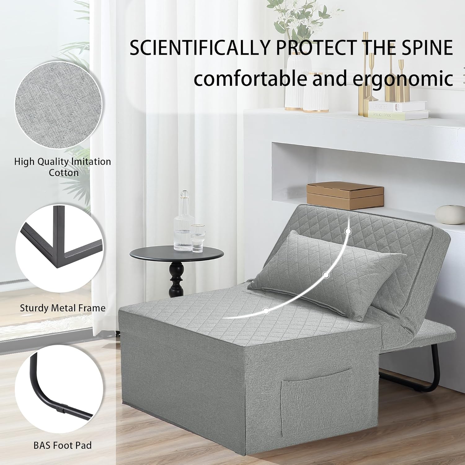 Sofa Bed, 4 in 1 Multi-Function Folding Ottoman Breathable Linen Couch Bed with Adjustable Backrest Modern Convertible Chair for Living Room Apartment Office
