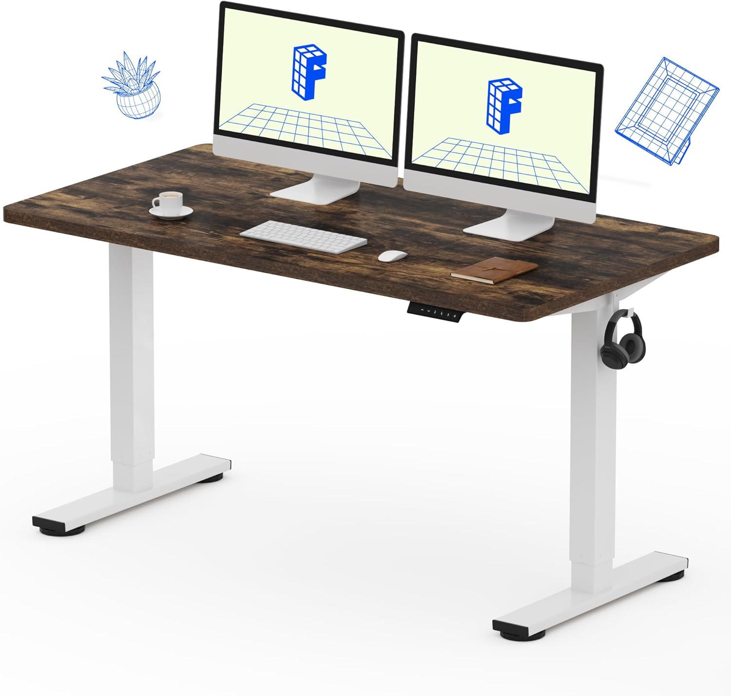 FLEXISPOT EN1 One-Piece Standing Desk 55 x 28 Inch Electric Adjustable Height Desk for Home Office and Computer Workstation (White Frame + 55" Maple Top, 2 Packages)