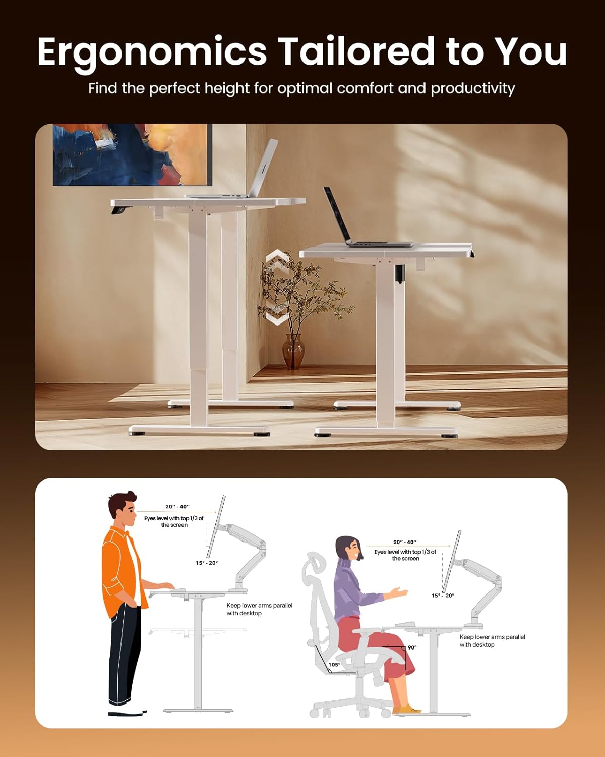 ErGear Height Adjustable Electric Standing Desk, 40 x 24 Inches Sit Stand up Desk, Memory Computer Home Office Desk (Light Vintage Brown)