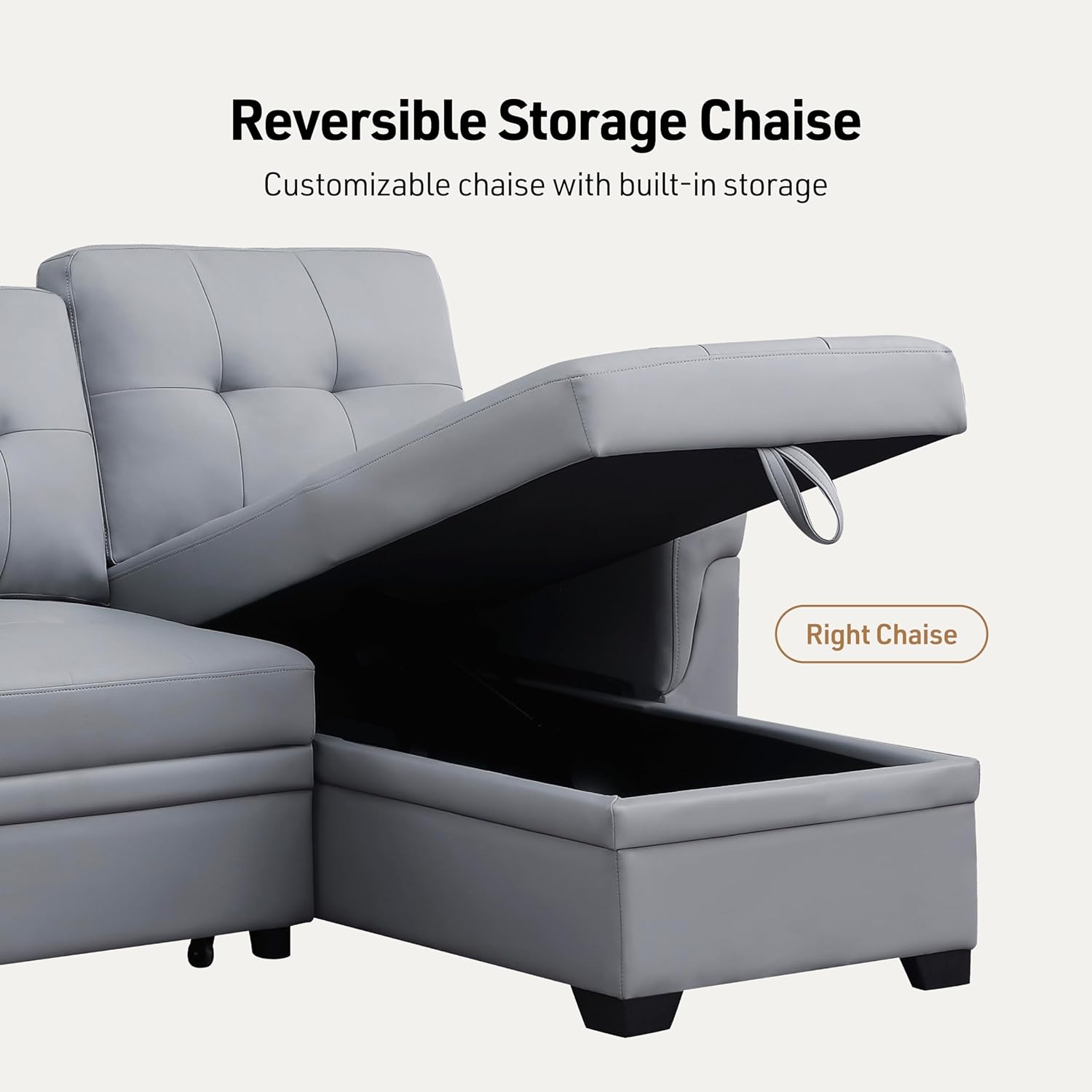 Lilola Home Lucca 84-inch Reversible Sleeper Sectional Sofa with Pull-Out Bed & Storage Chaise, Dark Gray Linen Fabric, Tufted Back, Modern Compact Couch for Living Room, Easy Assembly