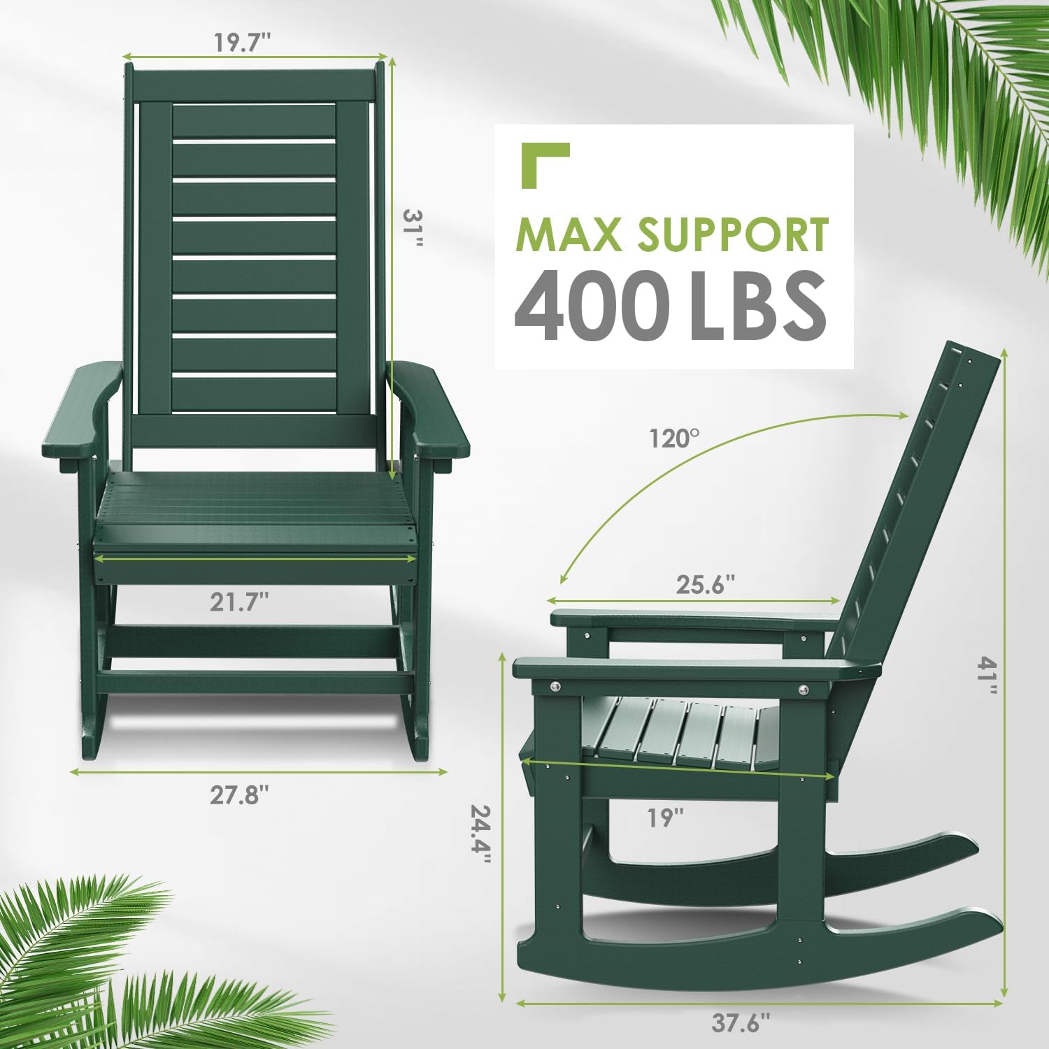 GREENVINES Outdoor Rocking Chairs | Set of 2 | Porch Rocker | HDPE Plastic | Black | Oversized Rockers | High Back | Big & Tall | Ladder Back | for Patio Outside Backyard Balcony Garden