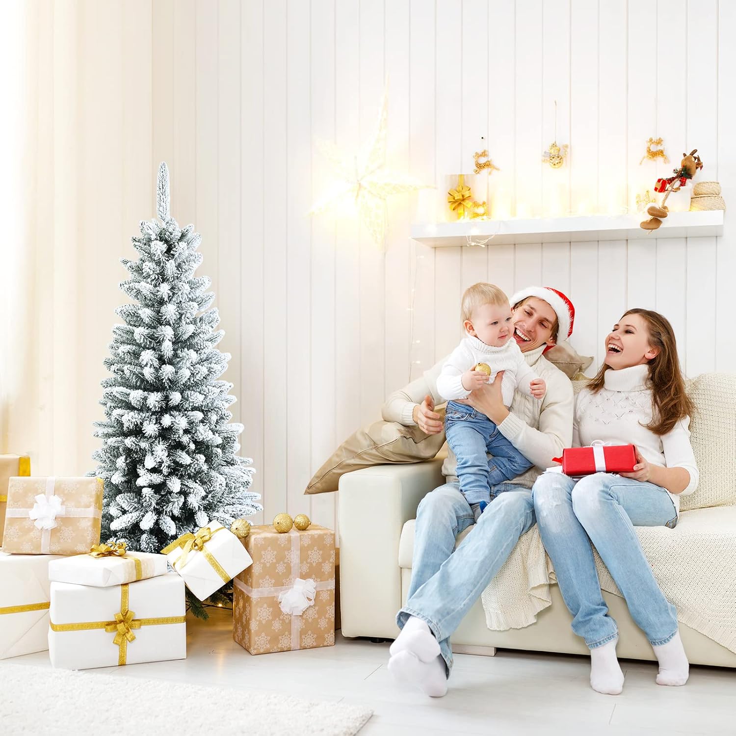 Goplus 7ft Artificial White Christmas Tree Xmas Pine Tree with Solid Metal Legs Perfect for Indoor and Outdoor Holiday Decoration