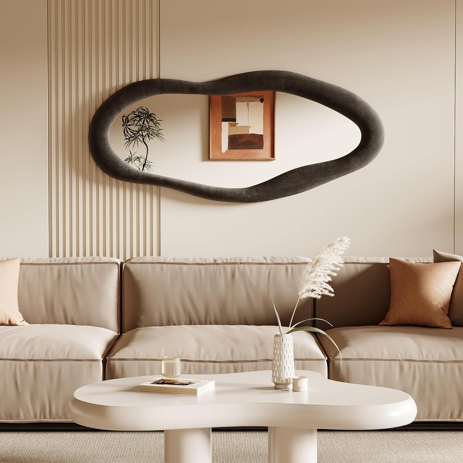 Honyee Full Length Mirror, 63" x 24" Wall Mirror, Flannel Wrapped Wooden Frame Full Body Mirror, Irregular Wavy Mirror Hanging or Leaning Against Wall for Cloakroom/Bedroom/Living Room, Ivory White