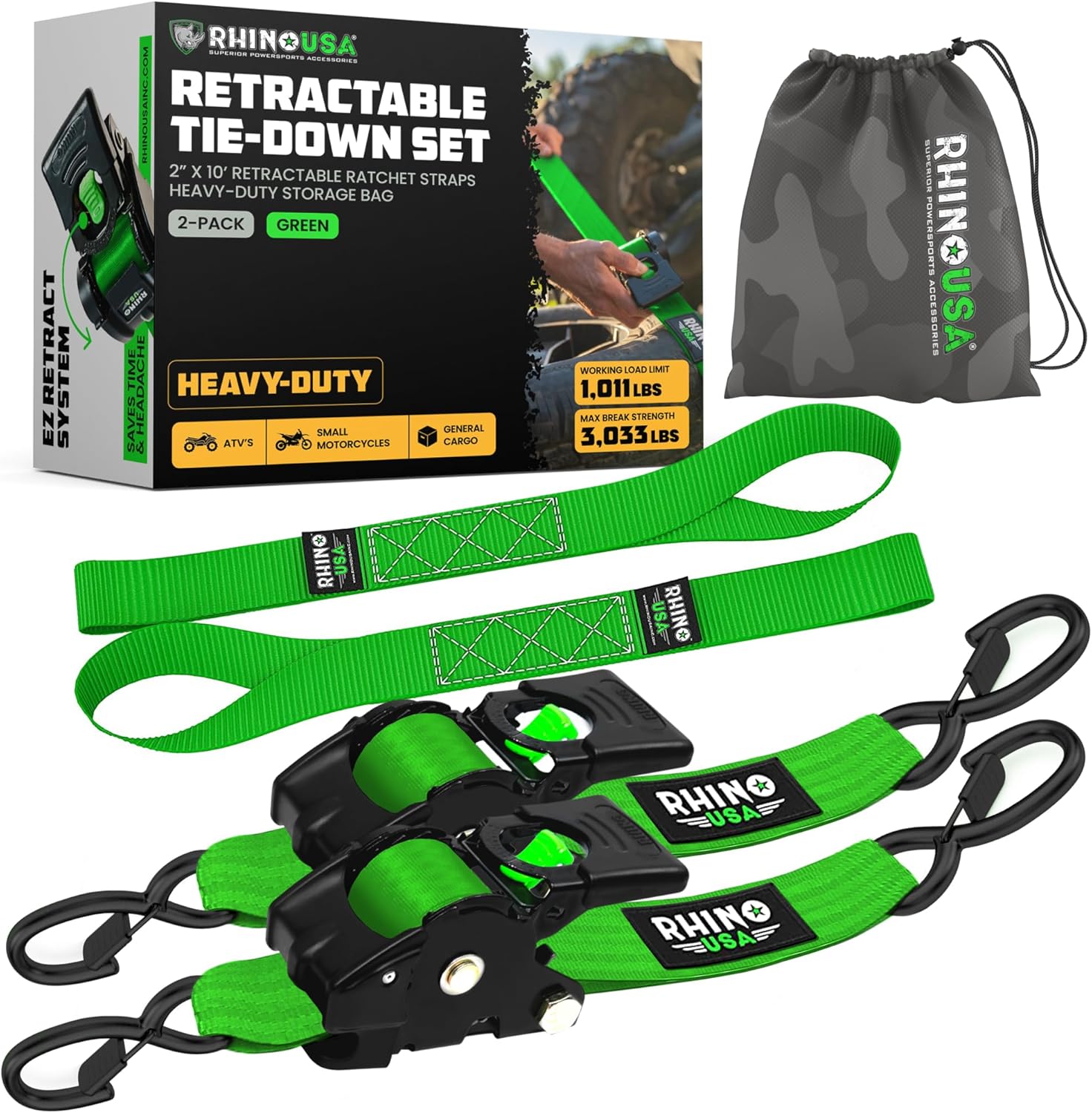 Rhino USA Retractable Ratchet Straps (2-Pack) - 2 Inch x 10 Feet (3,033lb Break Strength) - Heavy Duty Auto Self Retracting Tie Down Straps for Truck, Cargo Trailer, Motorcycle, Rad & More - Orange