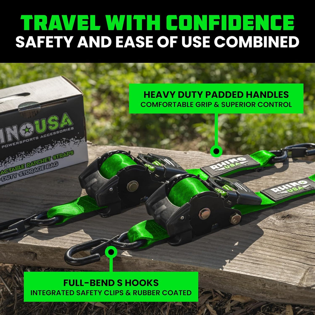 Rhino USA Retractable Ratchet Straps (2-Pack) - 2 Inch x 10 Feet (3,033lb Break Strength) - Heavy Duty Auto Self Retracting Tie Down Straps for Truck, Cargo Trailer, Motorcycle, Rad & More - Orange
