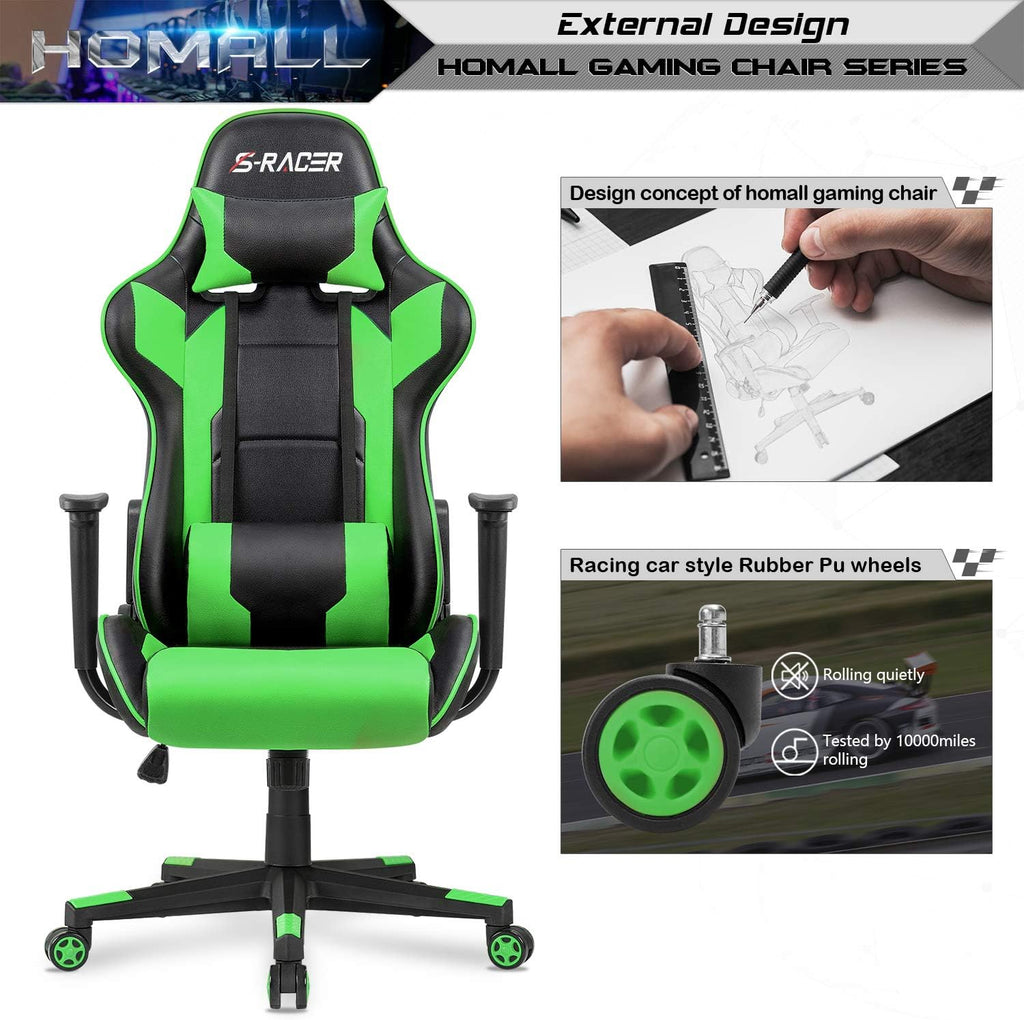 Homall Gaming Chair, Office Chair High Back Computer Chair Leather Desk Chair Racing Executive Ergonomic Adjustable Swivel Task Chair with Headrest and Lumbar Support (Dark Black)