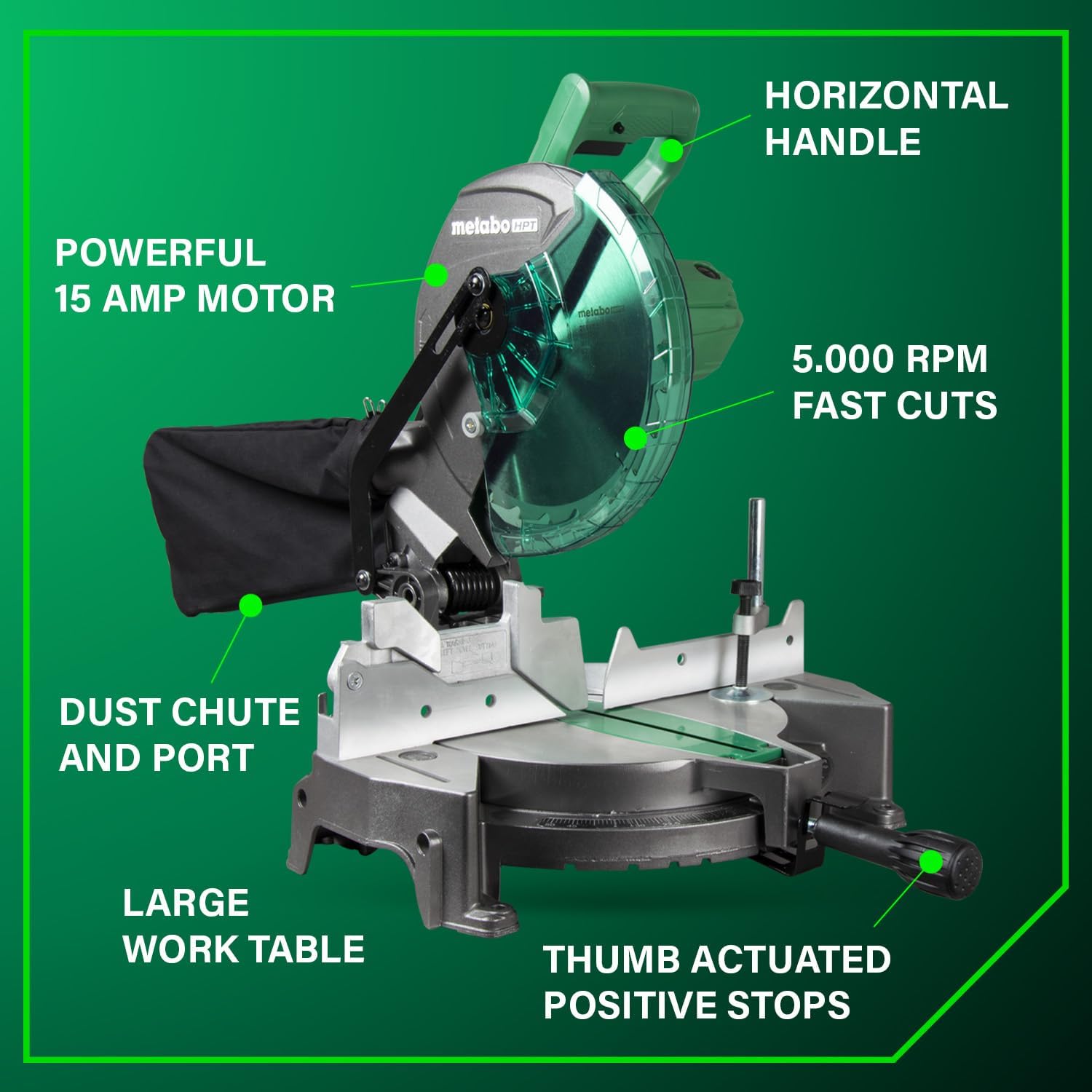Bundle of Metabo HPT Compound Miter Saw, 10" Miter Saw with Large Table Saw for woodworking, C10FCGS + Metabo HPT 25 Ft Tape Measure, 17-Ft Reach & 14-Ft Standout, 115925M