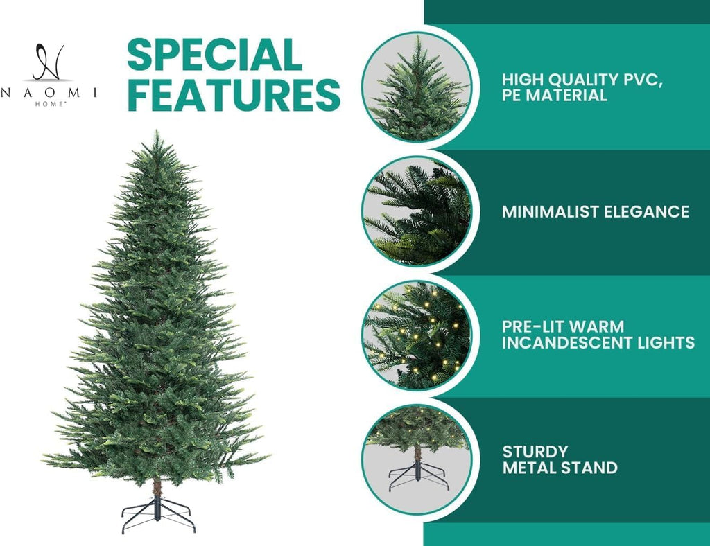 Naomi Home 6.5ft Rustic Christmas Tree with Lights, Realistic Classic Prelit with 2595 Branch Tips, 600 Warm Lights and Metal Stand, Aritificial Tree