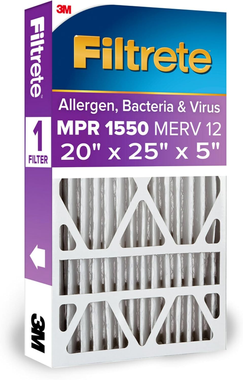 Filtrete 20x25x4 AC Furnace Air Filter, MPR 1550, MERV 12, Fits Lennox & Honeywell, Allergen, Bacteria & Virus, , Electrostatic Air Cleaning Filter, 4-Pack (actual size 19.88 x 24.63 x 4.31)