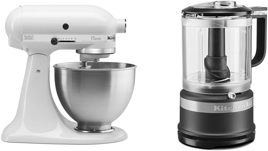 KitchenAid Classic Series 4.5 Quart Tilt-Head Stand Mixer K45SS, White & 5 Cup Food Chopper - KFC0516, Contour Silver