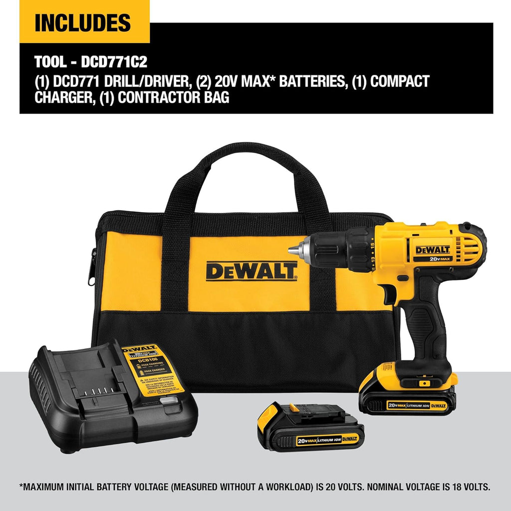 Dewalt DCD771C2 20V MAX Cordless Lithium-Ion 1/2 inch Compact Drill Driver Kit and 4-1/2” grinder (Tool Only)