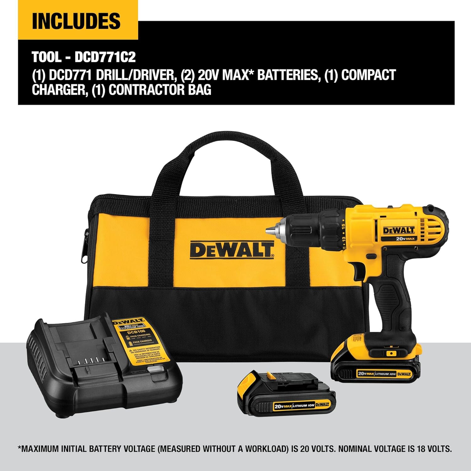 Dewalt DCD771C2 20V MAX Cordless Lithium-Ion 1/2 inch Compact Drill Driver Kit and 4-1/2” grinder (Tool Only)