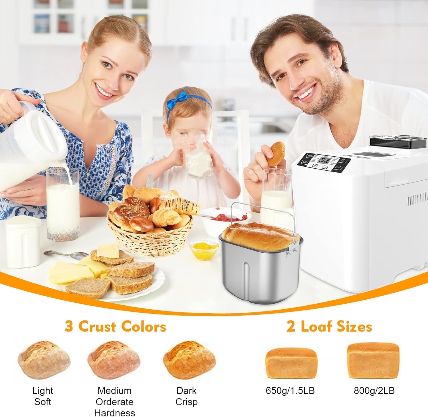Bread Machine,with 12 Presets,Gluten-Free Setting,Auto Fruit Nut Dispenser & Nonstick Pan,2 Loaf Sizes,13H Reserve & 1H Keep Warm (White)