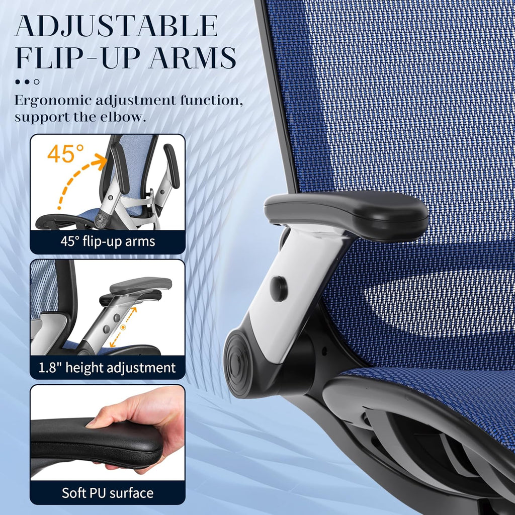 GABRYLLY Ergonomic Office Chair, High Back Home Desk Chair with Headrest, Flip-Up Arms, 90-120° Tilt Lock and Wide Cushion, Big and Tall Mesh Chairs for Man Woman, Grey Task Chair