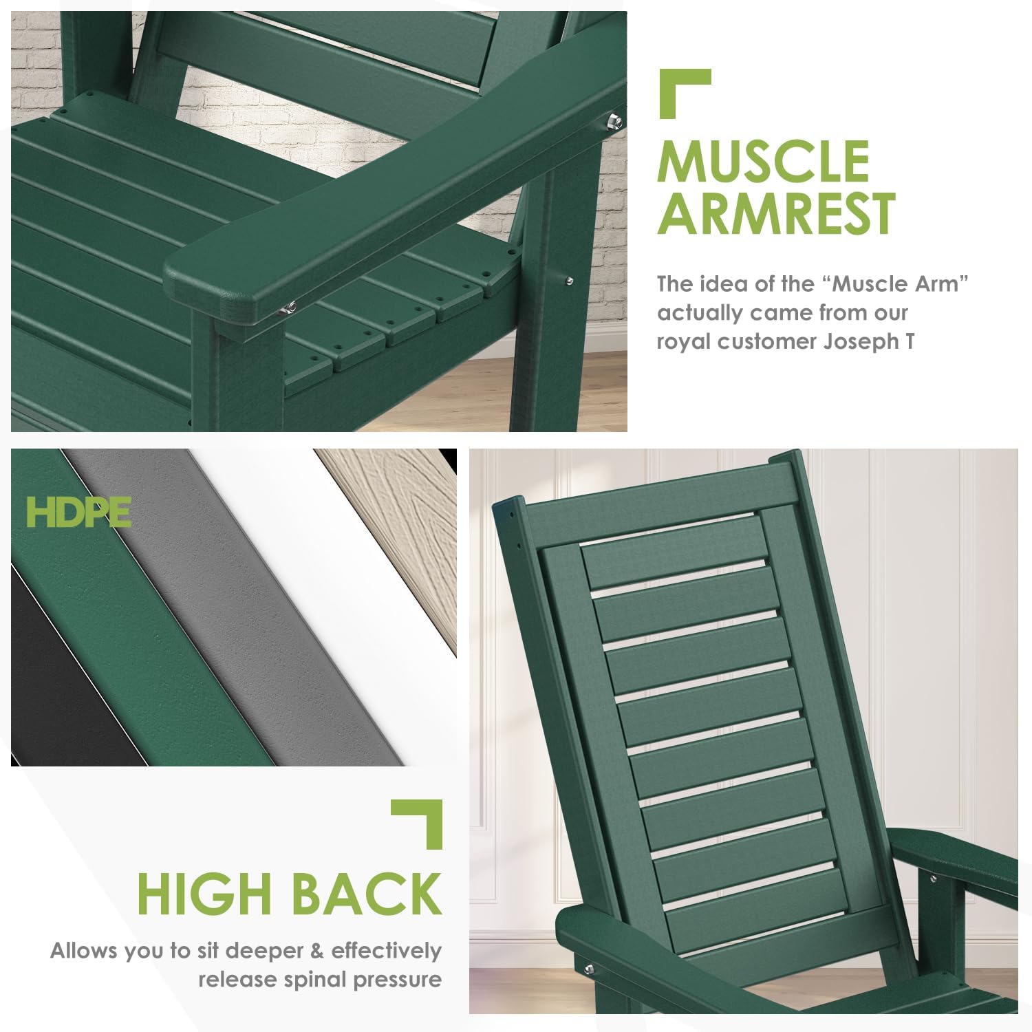 GREENVINES Outdoor Rocking Chairs | Set of 2 | Porch Rocker | HDPE Plastic | Black | Oversized Rockers | High Back | Big & Tall | Ladder Back | for Patio Outside Backyard Balcony Garden