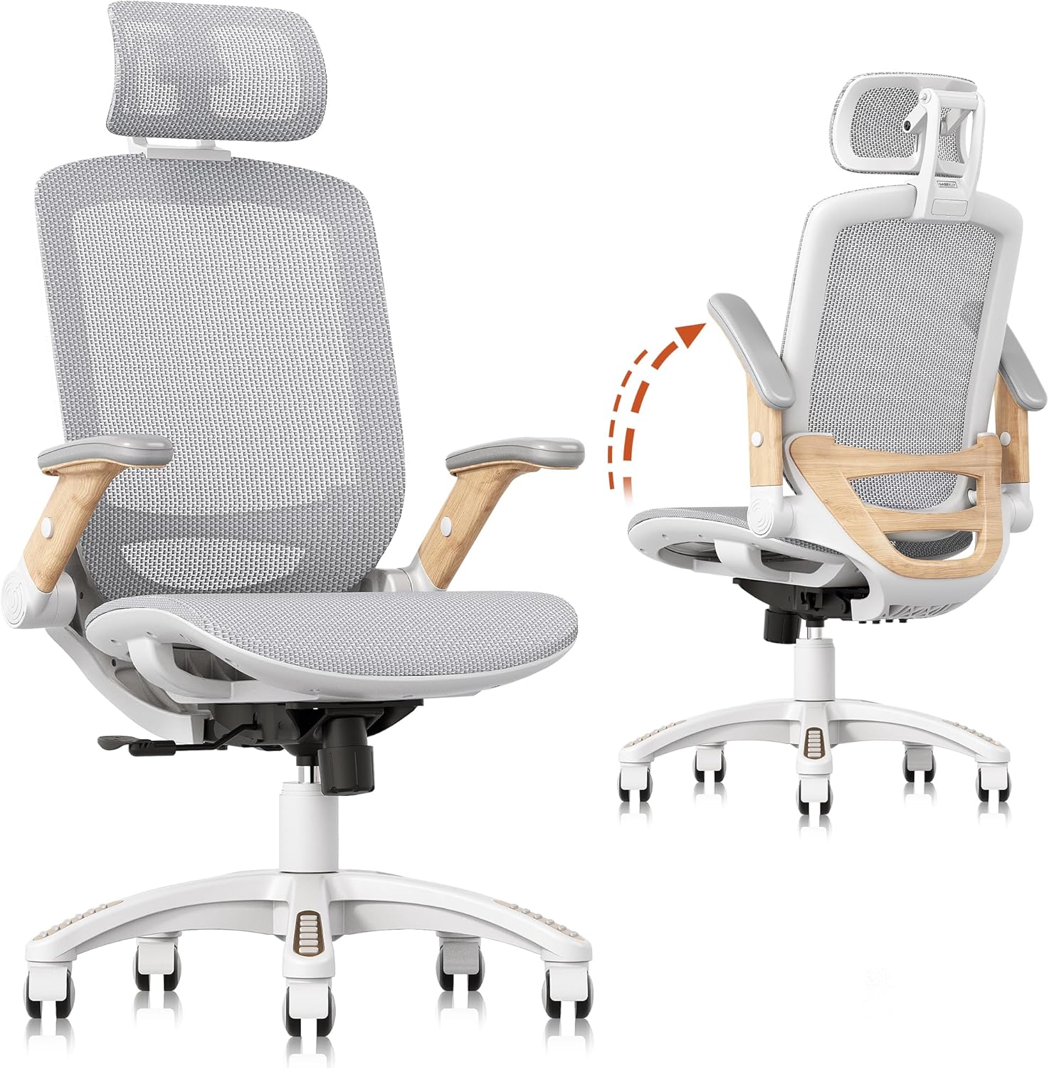 GABRYLLY Ergonomic Office Chair, High Back Home Desk Chair with Headrest, Flip-Up Arms, 90-120° Tilt Lock and Wide Cushion, Big and Tall Mesh Chairs for Man Woman, Grey Task Chair