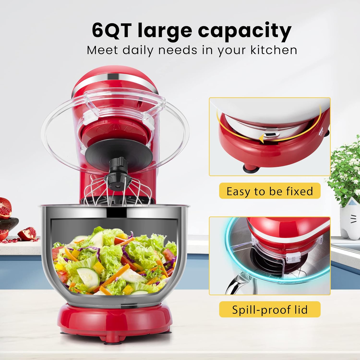 Stand Mixer, 660W 10 Speed 6 Quart Tilt-Head Kitchen Electric Food Mixer with Beater, Dough Hook, Wire Whip and Egg Separator