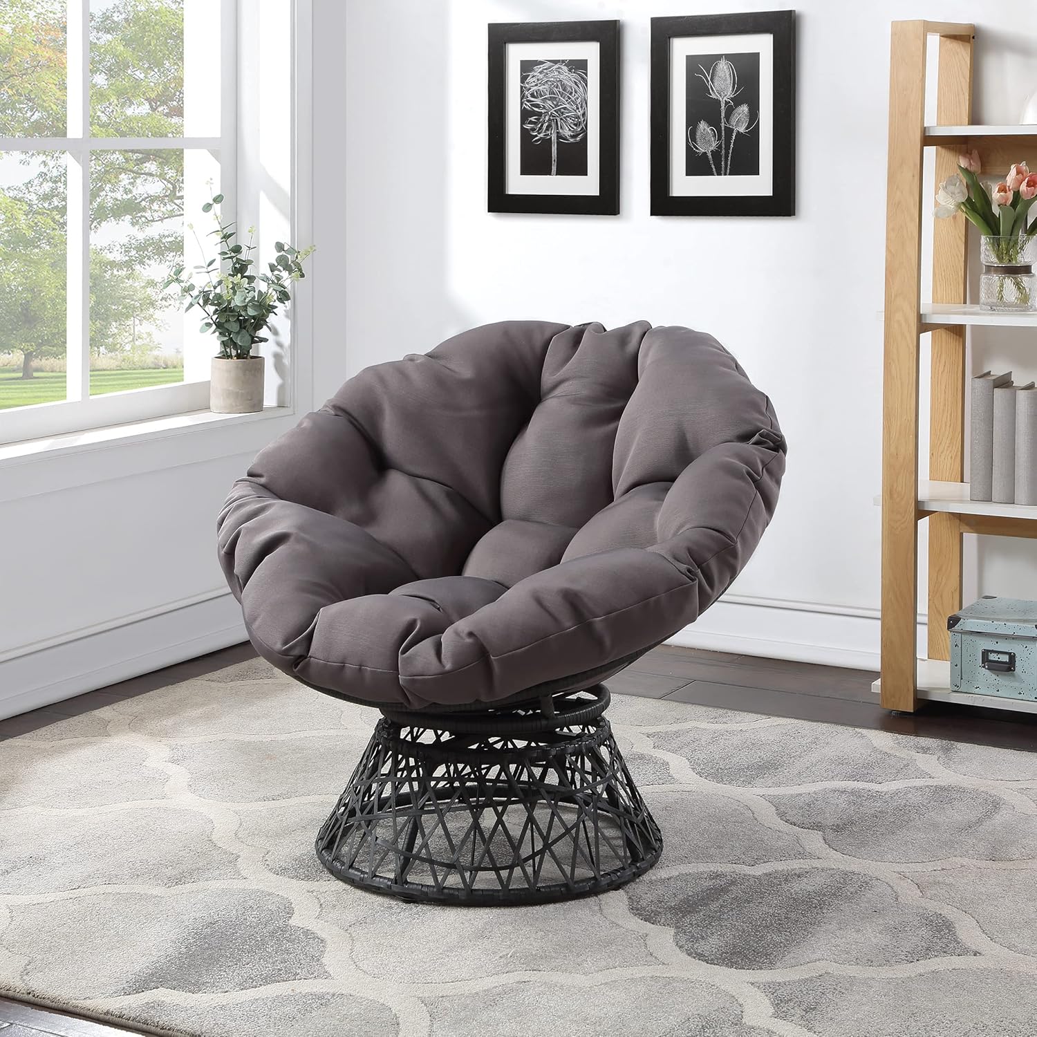 OSP Home Furnishings Wicker Papasan Chair with 360-Degree Swivel, Brown Frame with Brown Cushion