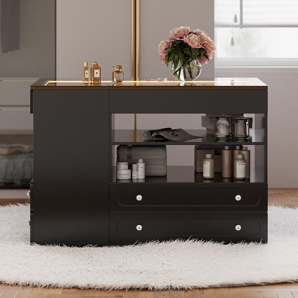 homary 47" Walk-in Closet Vanity Island with LED Light, Jewelry Drawer Organizer, Glass Top, 9 Storage Drawers – Modern Dresser for Bedroom or Dressing Room (Black)