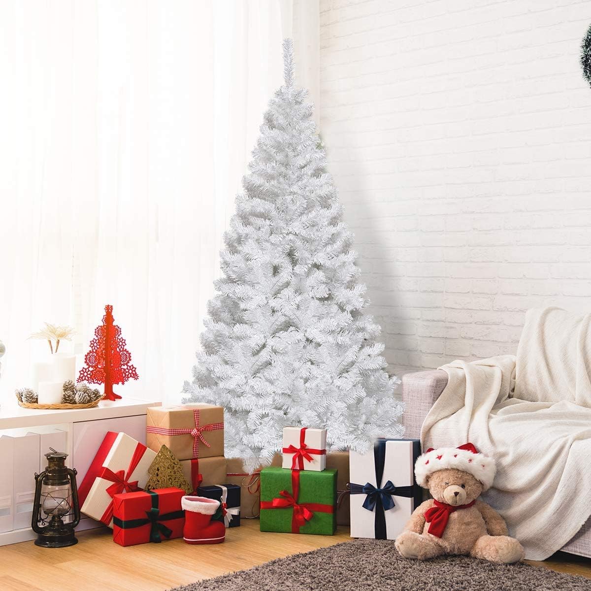 Goplus 7ft Artificial White Christmas Tree Xmas Pine Tree with Solid Metal Legs Perfect for Indoor and Outdoor Holiday Decoration